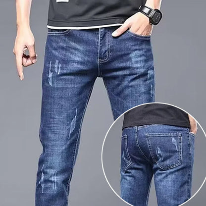 Calça Jeans Masculina Casual Elegante Clássica para Negócios Quatro Estações Preta Azul Calças de Cintura Média Leggings de Tecido Jeans Masculino