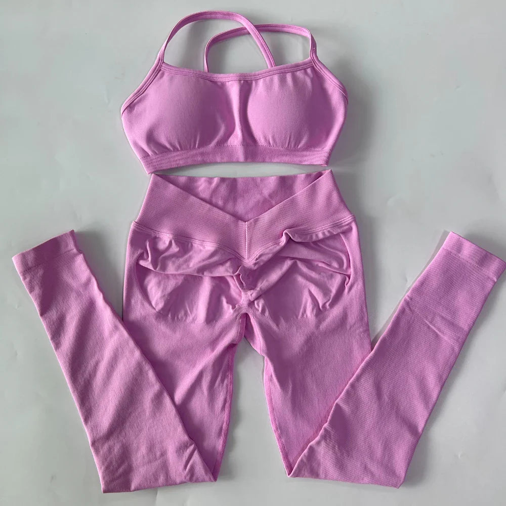 2 Pieces Gym Set For Women Clothes Seamless Scrunch Yoga Leggings Set Backless Sports Bra Fitness Workout Top Yoga Set Outfits