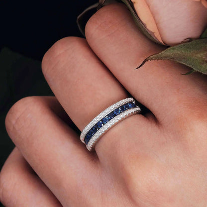 White and Blue Created Sapphire Rings for Women Half Eternity Wedding Band Cubic Zircon Party Ring