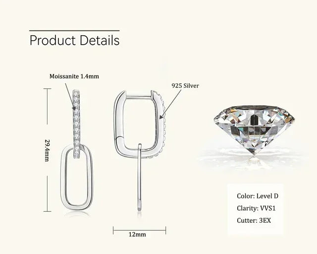 1.4mm Moissanite Paperclip Link Earrings for Women Silver 925 D Color Lab Diamond Huggie Hoop Earrings 2024 Trend Jewelry