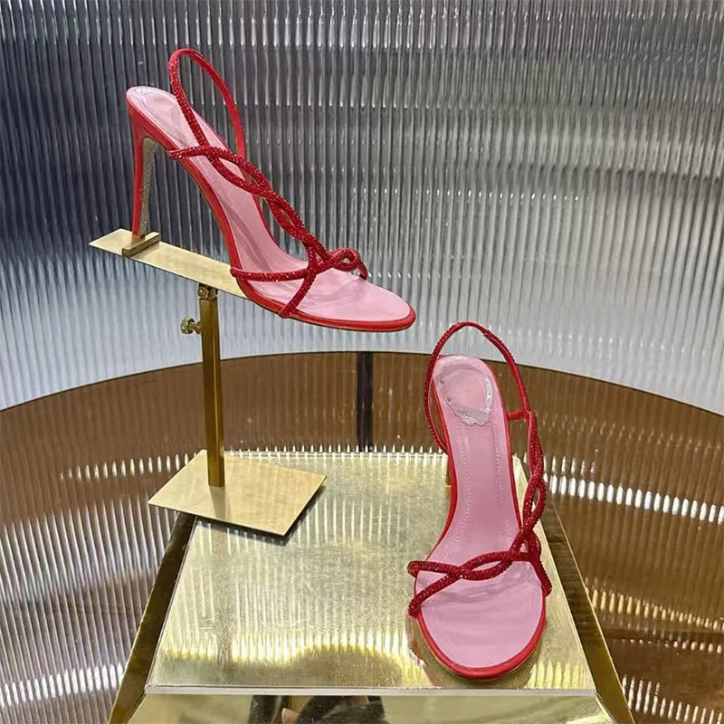 Bling Crystal Studded Thin Heels Sandals Woman Rhinestone Cross-tied High Heels Banquet Shoes Summer Stiletto Sandalias Women