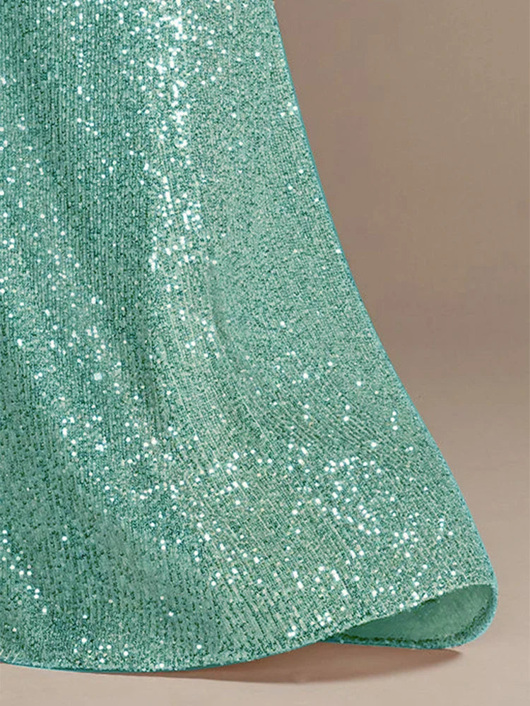 Vestidos de Noite Luxuosos Longos até o Chão Decote V Feminino Elegante para Festa de Casamento Vestido Maxi Lantejoulas Mangas Curtas Vestidos de Baile Coquetel