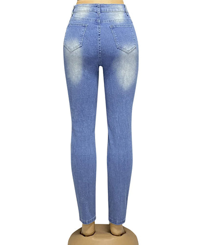 Stretch Broken Hole Straight Tube High-waisted Jeans, Women's Spring/autumn Close-fitting Hip Lift Grinding Broken Long Jeans