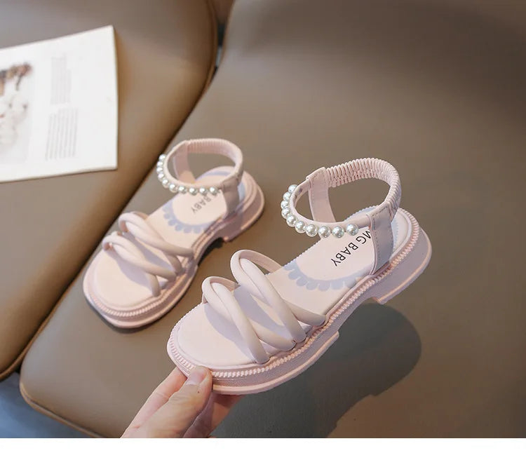 Girl Sandals Summer Children Princess Causal Pearl Beach Shoes Fashion Open-toe Kids Flat Sandals Solid Color Versatile Slip-on
