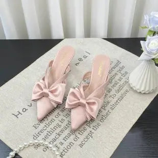 Fairy Style Pink Cool Slippers for Women's Summer 2024 French Pointed Bow Hollow High Heels, Half Wrapped Women's Slippers