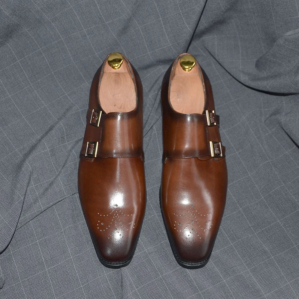 Italian Style Luxury Genuine Leather Monk Strap Men's Formal Shoes Double Buckles Brogue Pointy Toe Business Office Dress Shoes