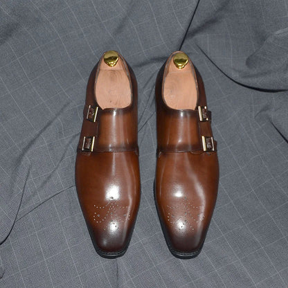 Italian Style Luxury Genuine Leather Monk Strap Men's Formal Shoes Double Buckles Brogue Pointy Toe Business Office Dress Shoes