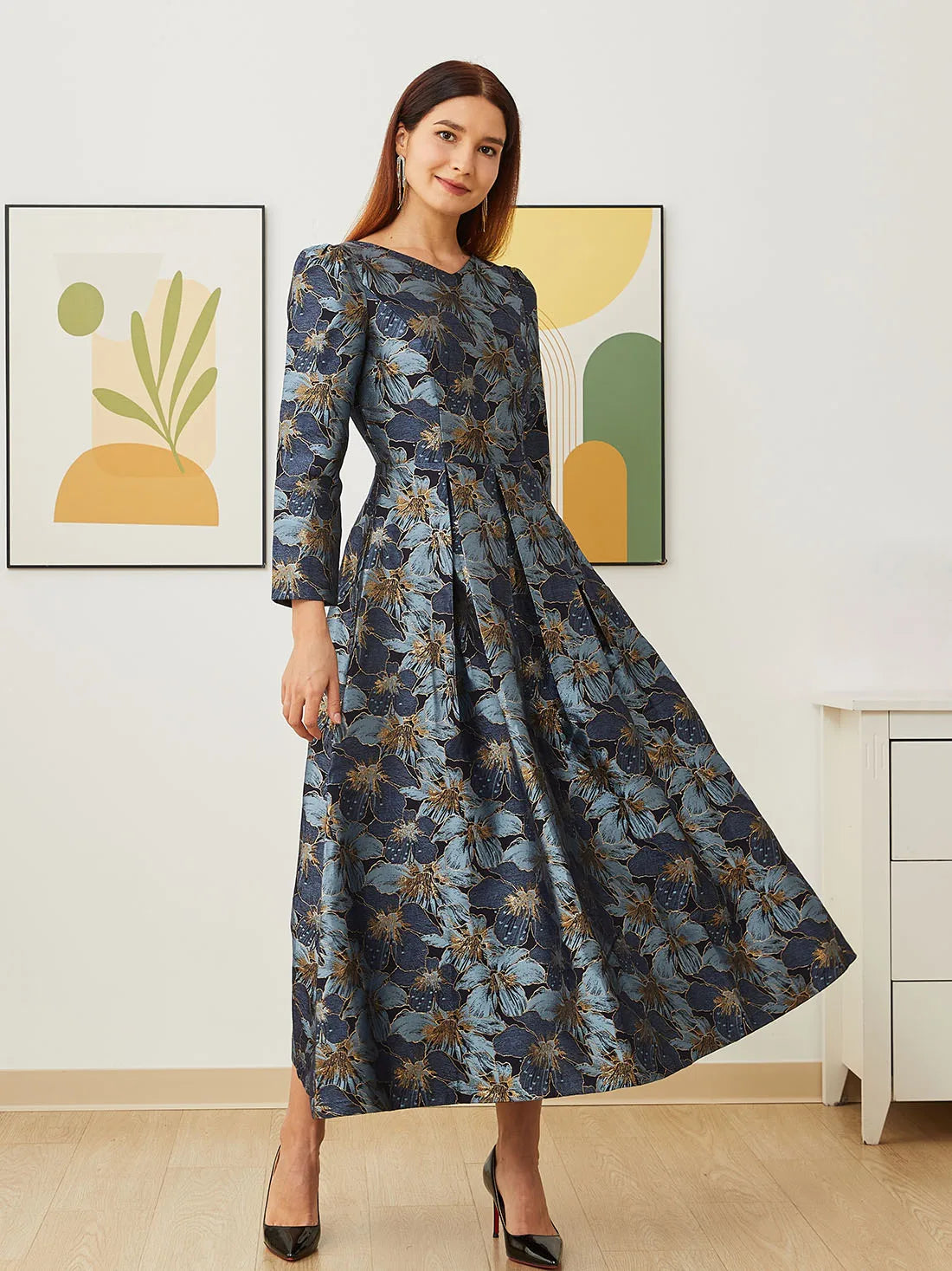 Elegant Women Long Maxi Evening Dress Floral Jacquard Fall V Neck Lady Autumn Winter Party Fashion Formal Vestidos
