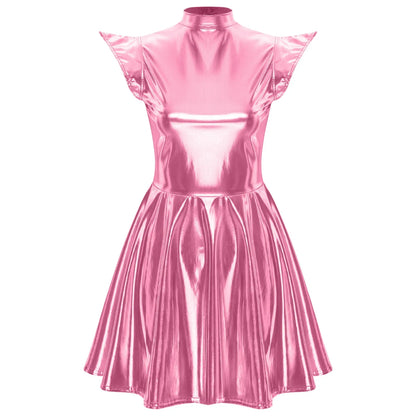 Womens Cocktail Dress Shiny Metallic Dress Alien Space Cap Sleeve High Waist A-line Dress for Halloween Party High Street Dress