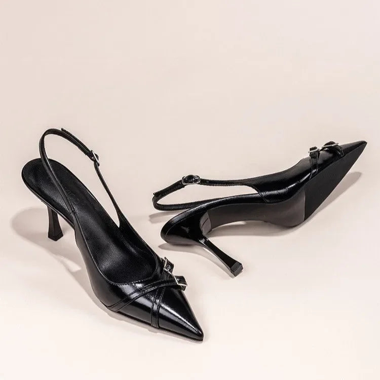 Sapatos de Salto Agulha Elegantes com Fivela, Bico Fino, Boca Rasa, para o Verão, Sapatos Femininos Pretos NO:602