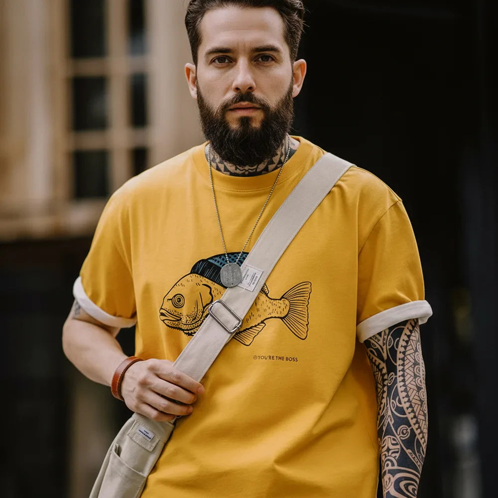 Maden Vintage Flocked Print Short-sleeved T-shirts Animal Pattern Cotton Round Neck Tops for Men's Summer Casual Loose Fit Tee
