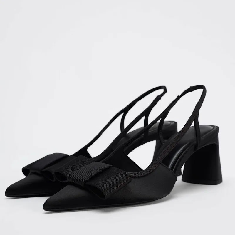 2026 Patent Leather Pointed Toe Heeled Sandals Women Elegant Bow Decoration Chunky Heel Pumps Luxury Designer Heels for Ladies