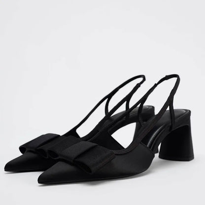 2026 Patent Leather Pointed Toe Heeled Sandals Women Elegant Bow Decoration Chunky Heel Pumps Luxury Designer Heels for Ladies