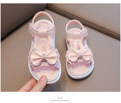 Girl Sandal Kid Summer Elegant Bling Rhinestone Party Princess Beach Shoes Cute Bowknot School Shoes for Kids Flat Heel F05201
