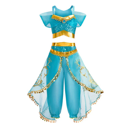Kids Arabian Princess Dress Girls Halloween Jasmine Costume Children Carnival Cosplay Party Disguise Girl Sequins Pageant Outfit