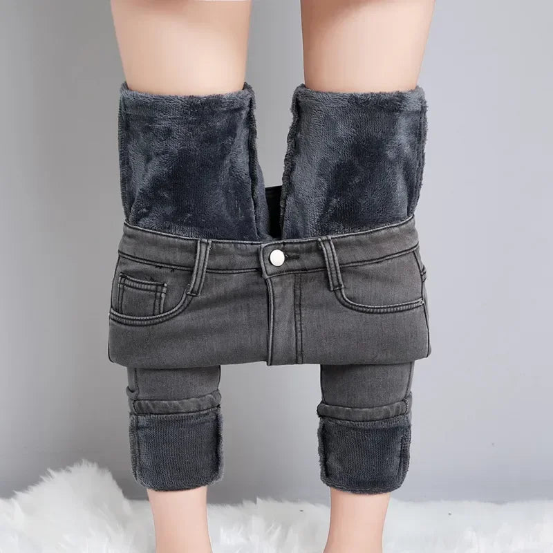 Women Thermal Jeans Winter Snow Warm Thickened Fleece Stretch Skinny Pencil Pants Fashion Korean Slim Fit Velvet Plush Pants