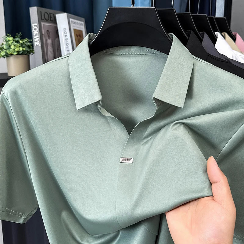 High quality ice silk short sleeve T-shirt men's lapel top trendy brand design cool silky breathable summer casual polo shirt