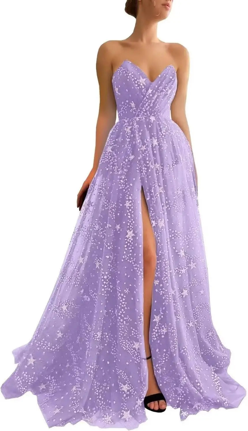 V Neck Luxury Women's Sparkle Starry Tulle Prom Dresses Strapless Slit Formal Evening Party Gowns Formal Dress Women Elegant