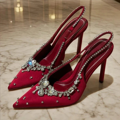 Luxury Diamonds Designer High Heels Women Satin Pointy Toe Pumps Rhinestone Sandals Female Shiny Sexy Wedding Dress Party Shoes