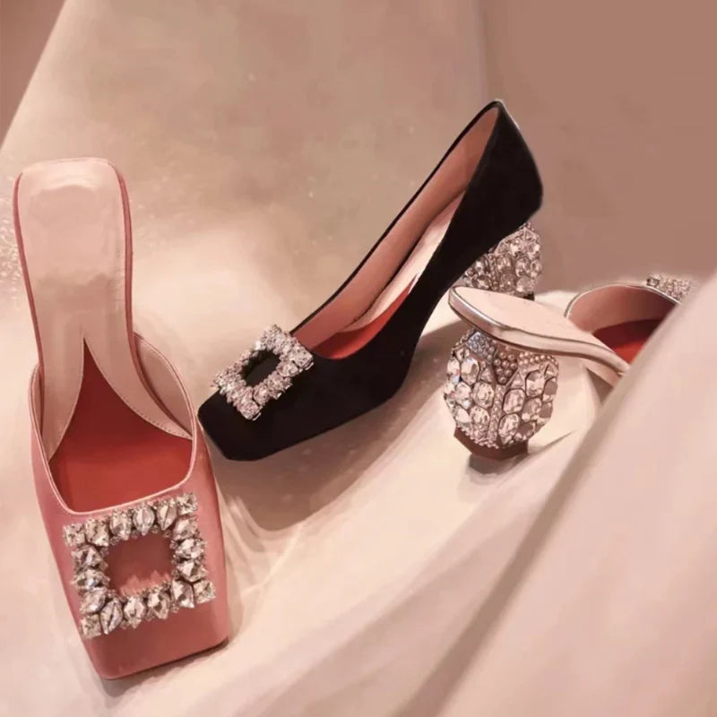 Summer Rhinestone Pumps Women Square Toe Mules Female Crystal High Heels Women Shoes Femmes Chaussures sandalias de las mujeres