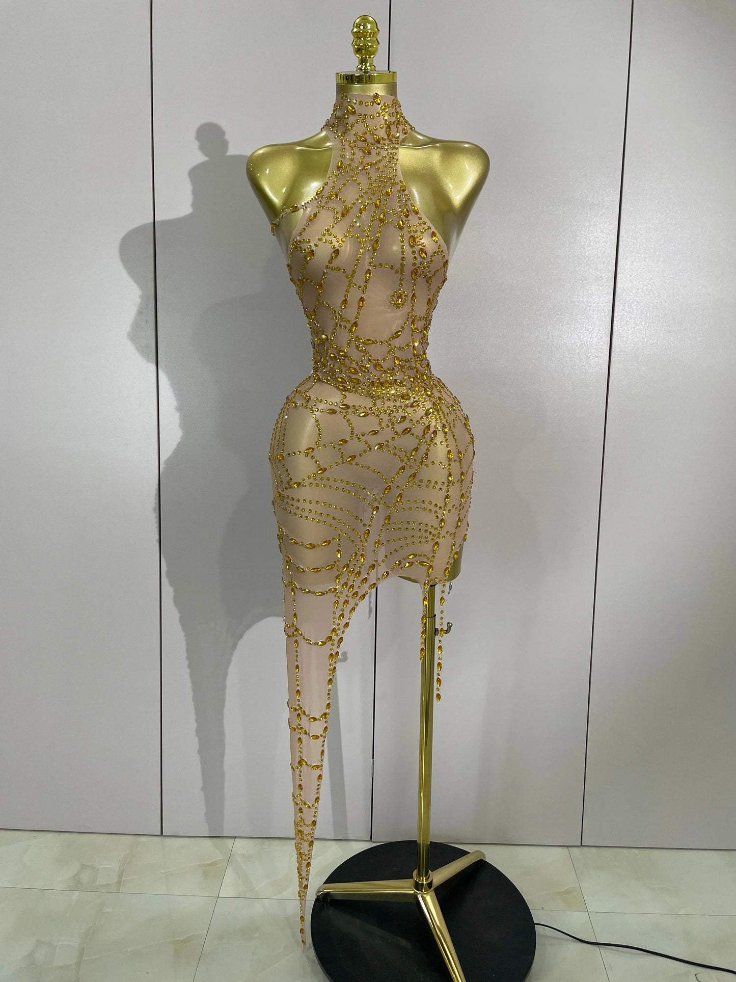 Sparkly Diamond Sexy Mesh Asymmetric Bodycon Mini Dress Women Nightclub Bar Party Show Gogo Dancer Clothing Stage Costume