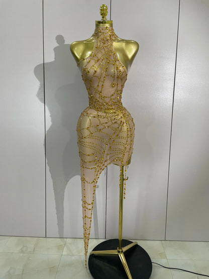 Sparkly Diamond Sexy Mesh Asymmetric Bodycon Mini Dress Women Nightclub Bar Party Show Gogo Dancer Clothing Stage Costume