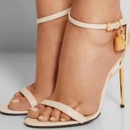 Summer New Concise 10cm High Heel Padlock Decorative Sandals European and American Fashionable Black Gold Women's Shoes 36-45
