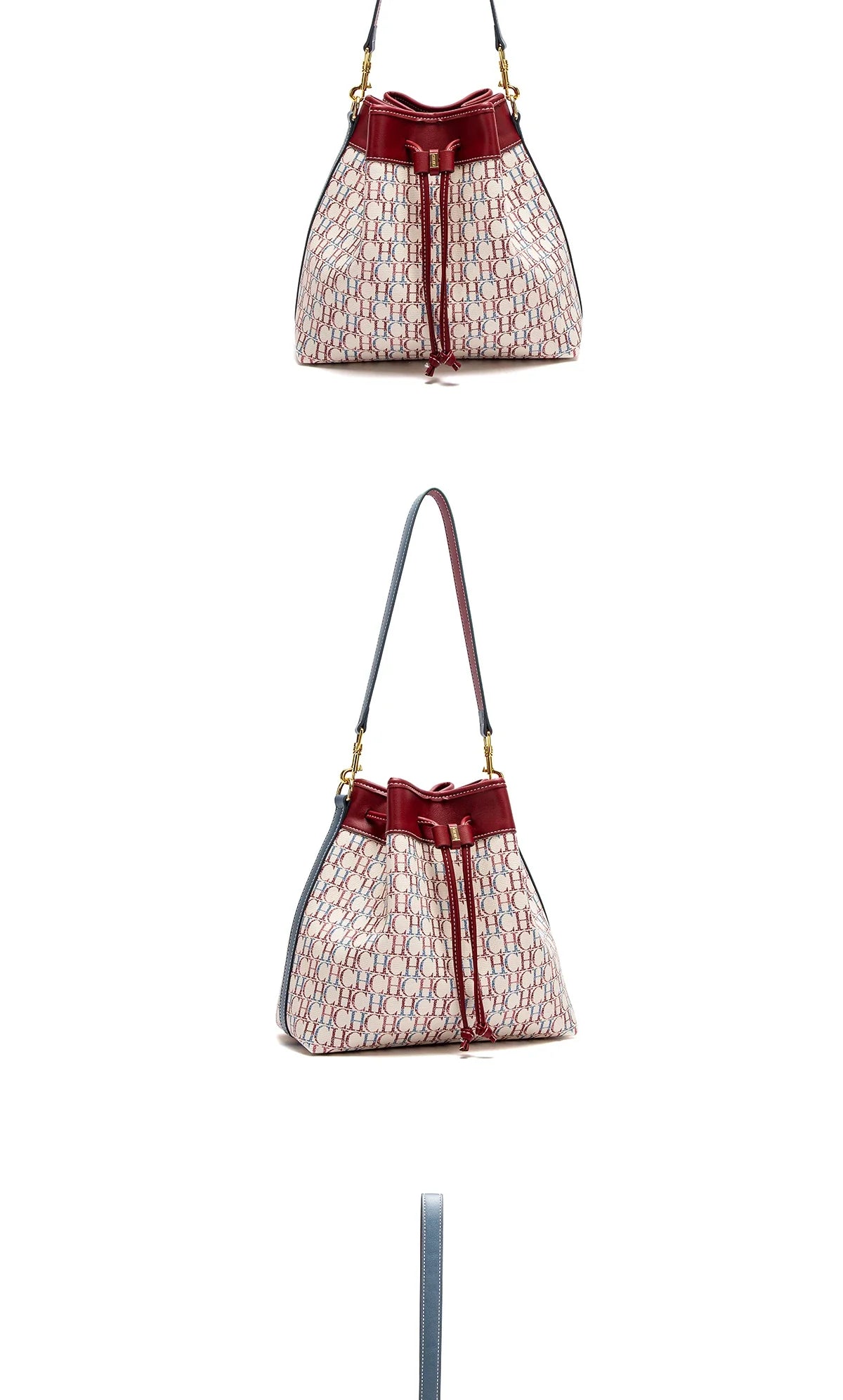 Women's Bucket Bag Spring New Wine Red Drawstring Bag Dual purpose Shoulder Strap Commuter Wallet