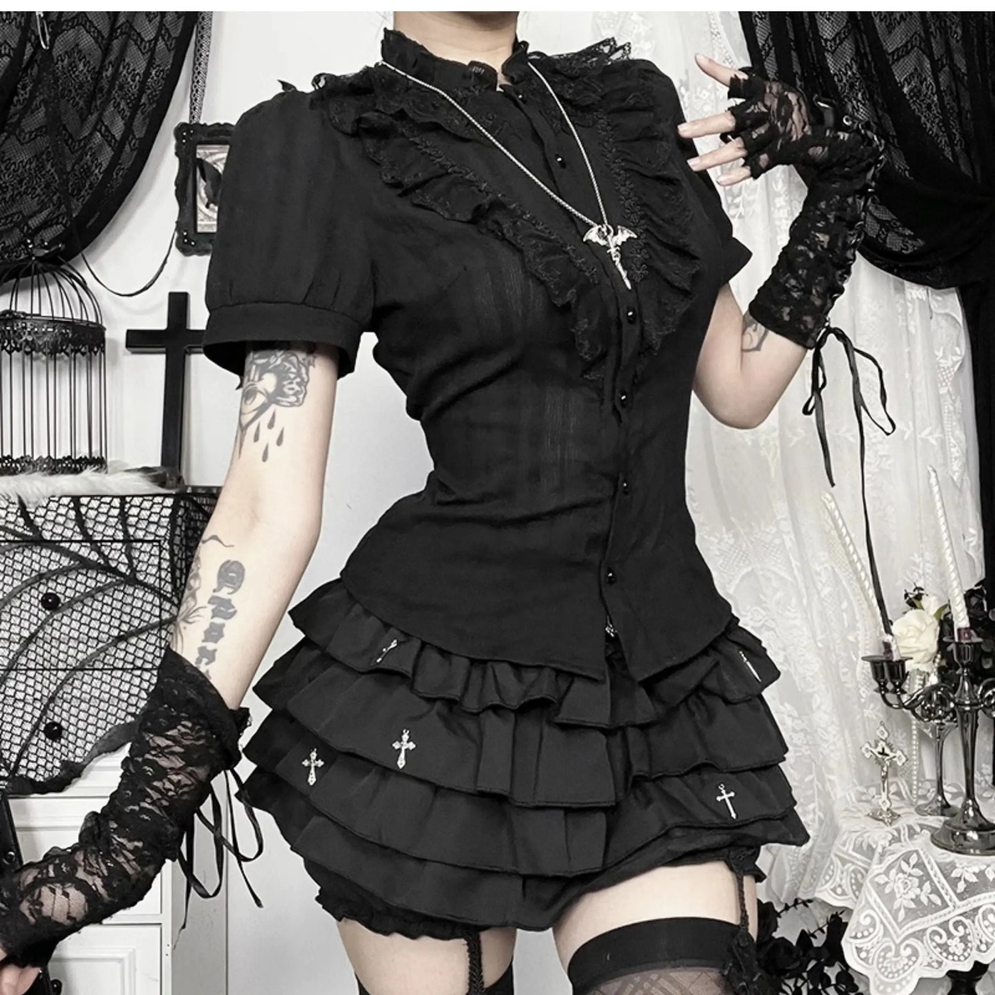 2026 Summer New Arrival Hot Girl Trendy Versatile Mini Skirt Dark Cross DesignTiered Cake Black Fluffy Skirts