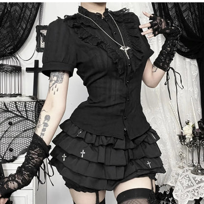 2026 Summer New Arrival Hot Girl Trendy Versatile Mini Skirt Dark Cross DesignTiered Cake Black Fluffy Skirts