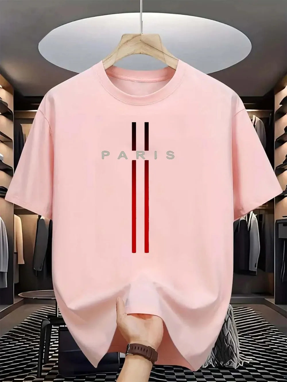 Men's new polyester fabric comfortable and breathable round neck T-shirt Paris letter printed pattern outdoor casual top