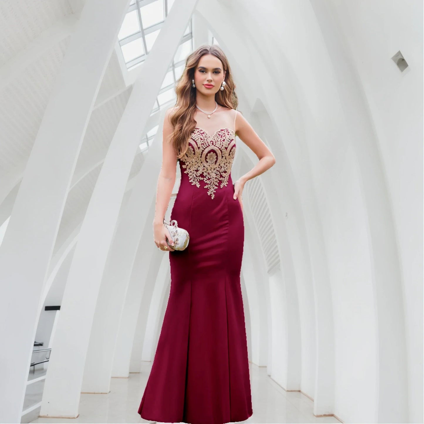 Burgundy Evening Dress Illusion O-Neck Sequins Appliques Sleeveless Mermaid Prom Dress Slim Empire Party Trumpet Gown
