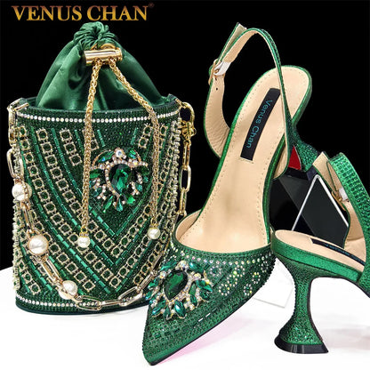 Green Color High Heels for Ladies Popular Design African Ladies Shoes and Bag Set INS Style Elegant 2024 Newest