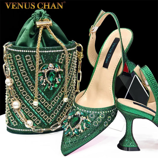 Green Color High Heels for Ladies Popular Design African Ladies Shoes and Bag Set INS Style Elegant 2024 Newest
