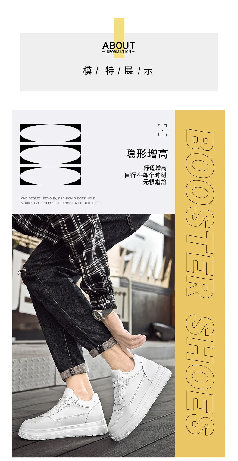 Novos sapatos masculinos invisíveis para aumentar a altura, sapatos esportivos de 6 CM-8 CM-10 CM, sapatos esportivos de couro branco para homens, tamanhos ampliados 36-46