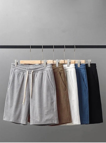 Men Shorts Solid Color Mid Waist Summer Motion Waffle Texture Deep Crotch Drawstring Male Shorts Loose Knee Length Casual Short