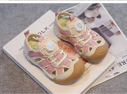 Kids' Rotating Button Closed-Toe Sandals, Breathable Mesh Shoes, Non-Slip Boy Girls Barefoot Shoes Summer Casual Sports Sandals