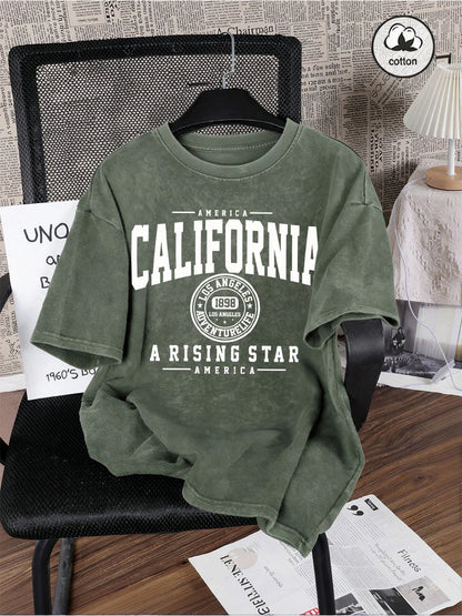 America California City Letter Washed T-Shirts Mens Oversized Cotton T Shirt Summer Short Sleeve O-Neck Tops Casual Male Tees