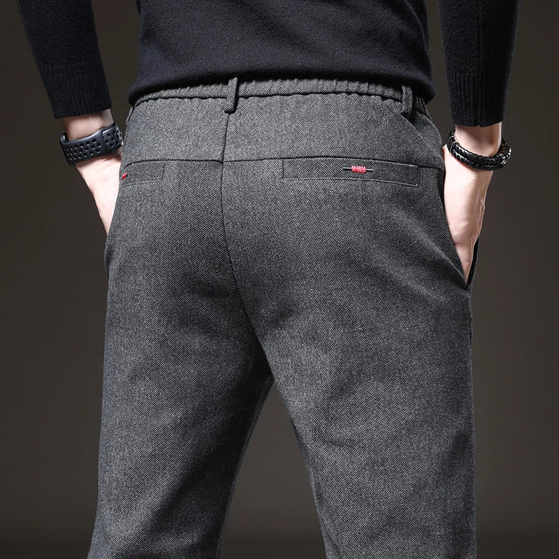 Autumn Winter Thick Men's Casual Pants Brushed Fabric Straight Slim Business Fashion Trousers Stretch Korean Male Clothing