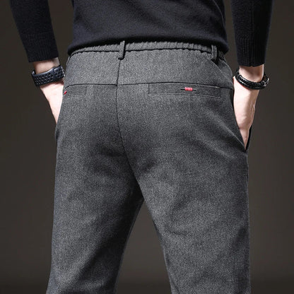 Autumn Winter Thick Men's Casual Pants Brushed Fabric Straight Slim Business Fashion Trousers Stretch Korean Male Clothing