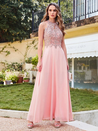 A-line V-neckline Chiffon Lace Pearls Beadings Floor-length Prom Dress Sleeveless Evening Elegant Party Dresses For Women 2024