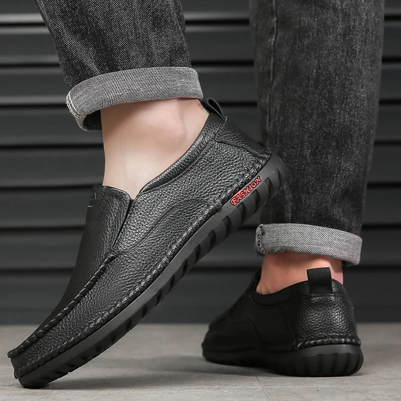 Men’s Leather Casual Loafers for Adults – Breathable, Comfortable Shoes in Black, Brown, White