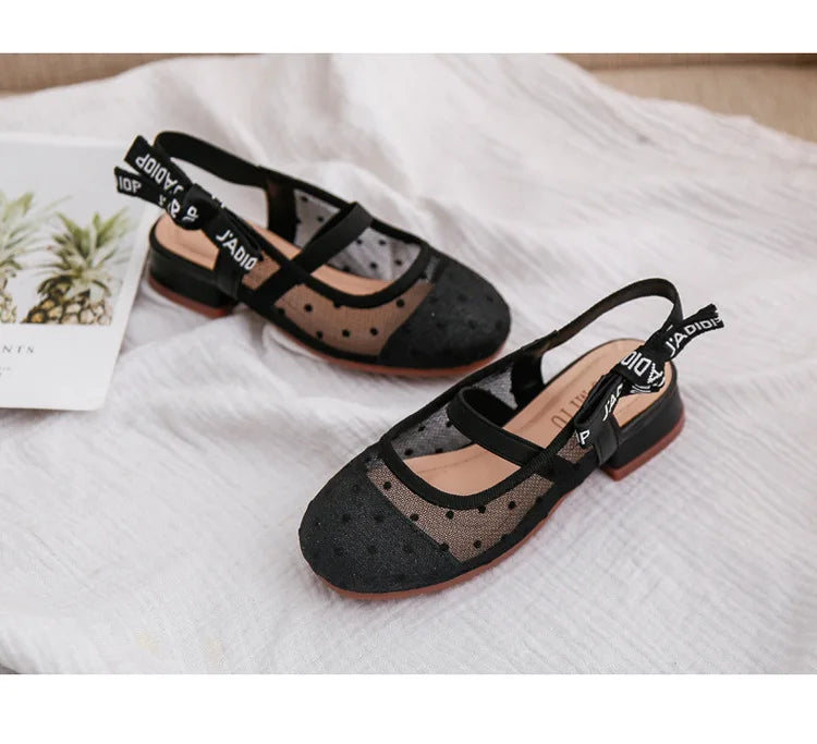 Mesh Black White Polka Dot Shoes Sandals for Girls with Heels Mules Sling Back Shoes for Girls Luxury Shoes for Girls To Dress