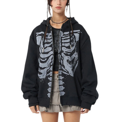 Halloween Women Spring Autumn Casual Hooded Coat Long Sleeve Skull Print Zipper Hoodie Grunge Long Sleeve Top Gothic Sweatshirt