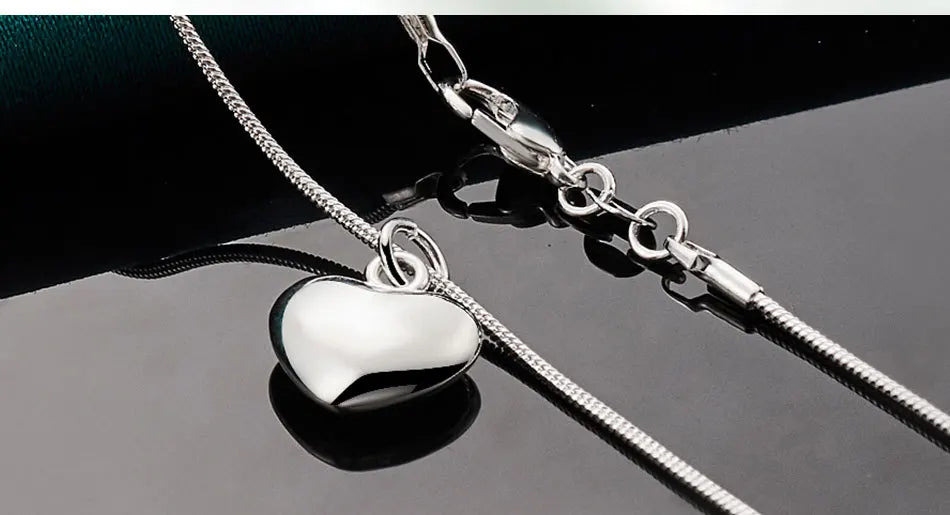 Silver Color Solid Small Heart Pendant Necklace 16-30 Inch Snake Chain For Women Wedding Charm Fashion Jewelry