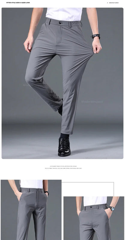 Summer Thin Stretch Trousers Men Elastic Waist Korean Classic Black Gray Blue Business Casual Formal Pants Male Brand