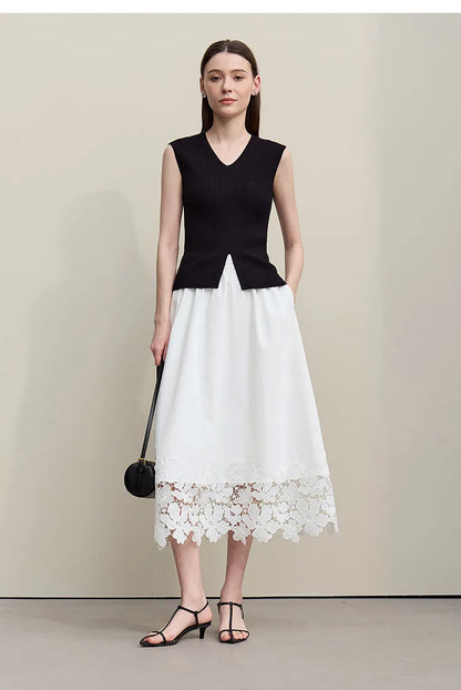 Women's Skirt 2026 Summer New Elastic Waist Cutout Lace Hem Midi Casual Loose Fit Floral Trim Skirt For Women 12622106