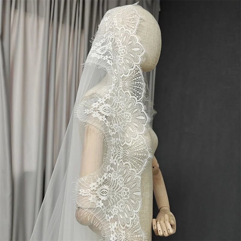 Customized Mantilla Veil with Wide Eyelash Lace, Ivory Chantilly Lace Wedding Veil with Hidden Comb, 2.5m/3m/3.5m/4m Long Veil