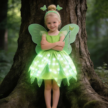 Childern Princess Dress For Girls LED Light With Flower Fairy Dress Up Kids With Wings Halloween Elves Party Tinker Bell Dress