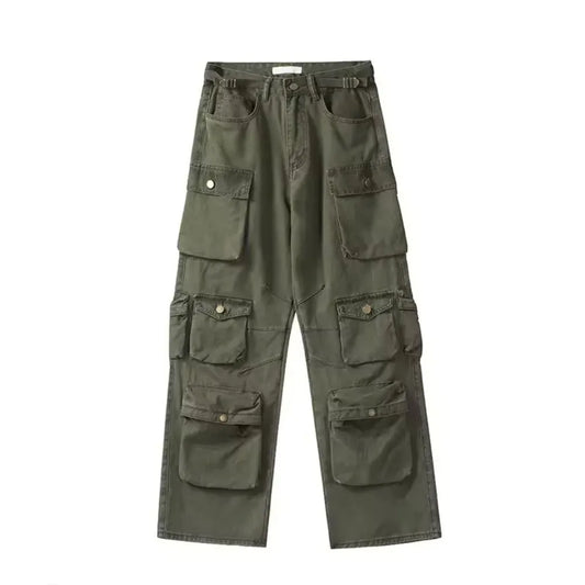 2025SS New Men's Casual Hip-hop Multi Pocket Functional American Retro Brand Fashionable Straight Leg Wide Leg Work Pants Y2K